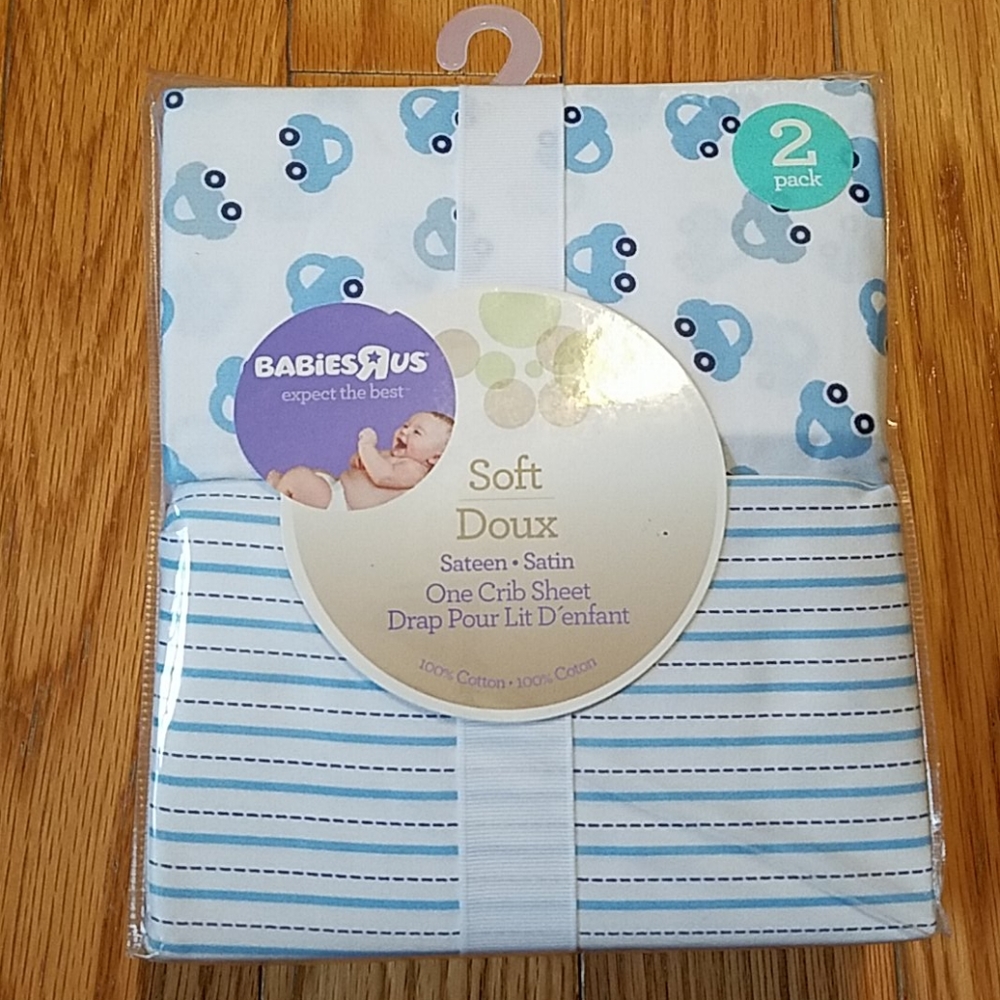 Babies R Us 2 pk blue cars and stripes crib sheets